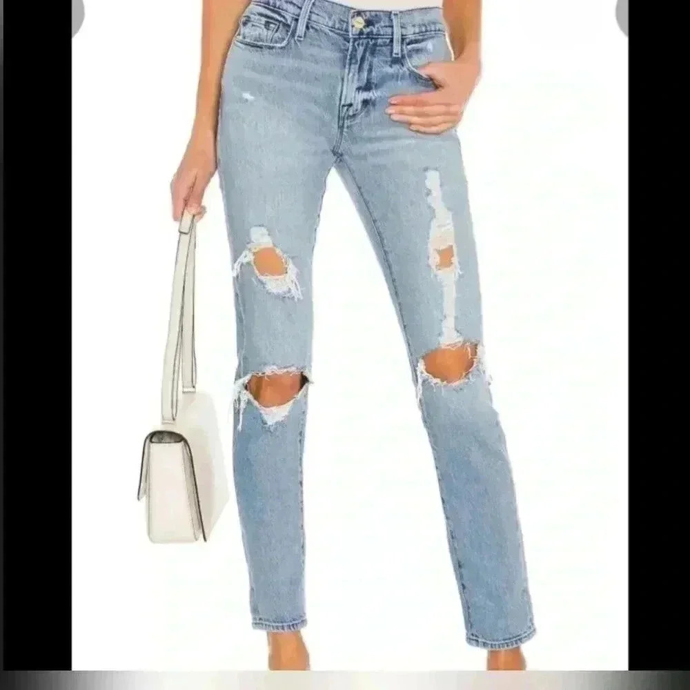 FRAME Denim Le Garcon Mid Rise Distressed Jeans Denim Beldon Rips Size 24